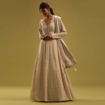 Cream White Anarkali Set In Georgette With Lucknowi Work