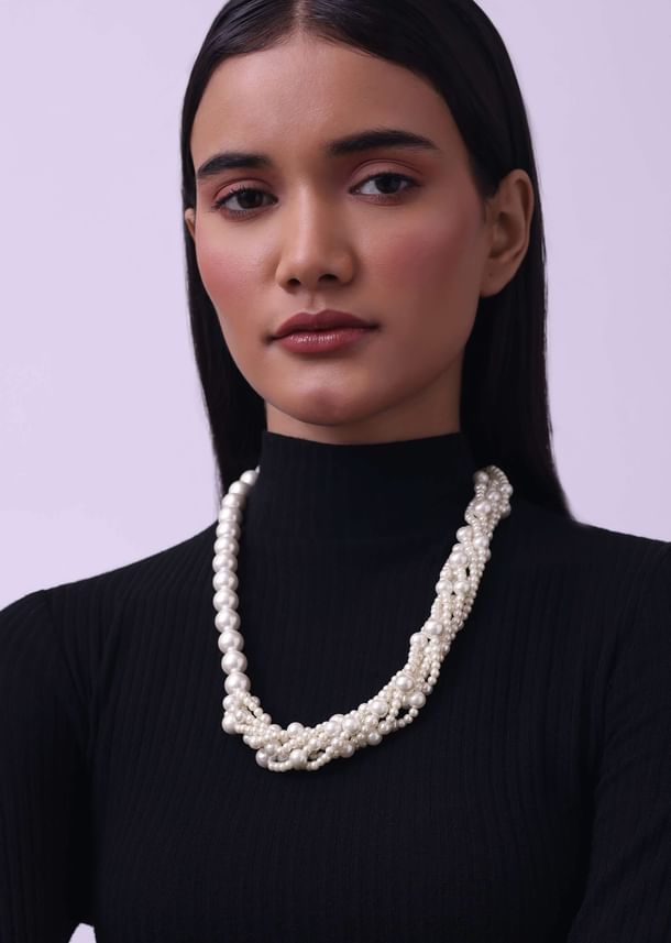 Cream White Long Mala Embellished with Mother Of Pearls
