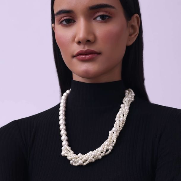Cream White Long Mala Embellished with Mother Of Pearls