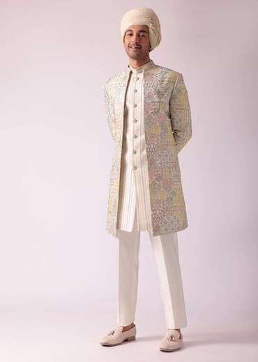 Cream White Printed Indowestern In Dupion Silk