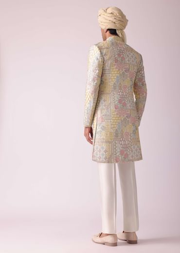 Cream White Printed Indowestern In Dupion Silk