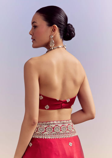 Crimson Red Satin Saree With Floral Border And Butti