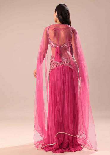 Crimson Red Palazzo With Embroidered Blouse And Cape
