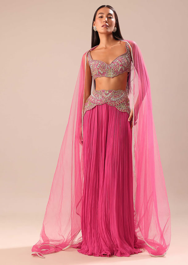 Crimson Red Palazzo With Embroidered Blouse And Cape