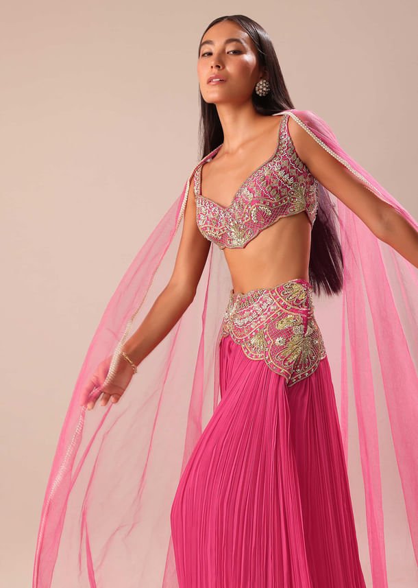 Crimson Red Palazzo With Embroidered Blouse And Cape