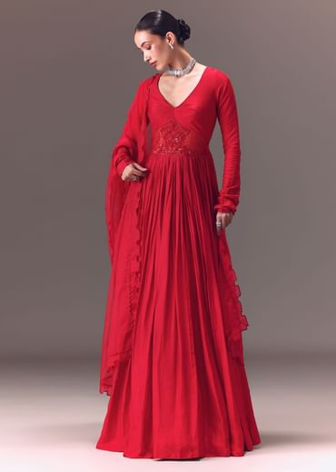 Crimson Red Ruched Embroidered Suit With Dupatta