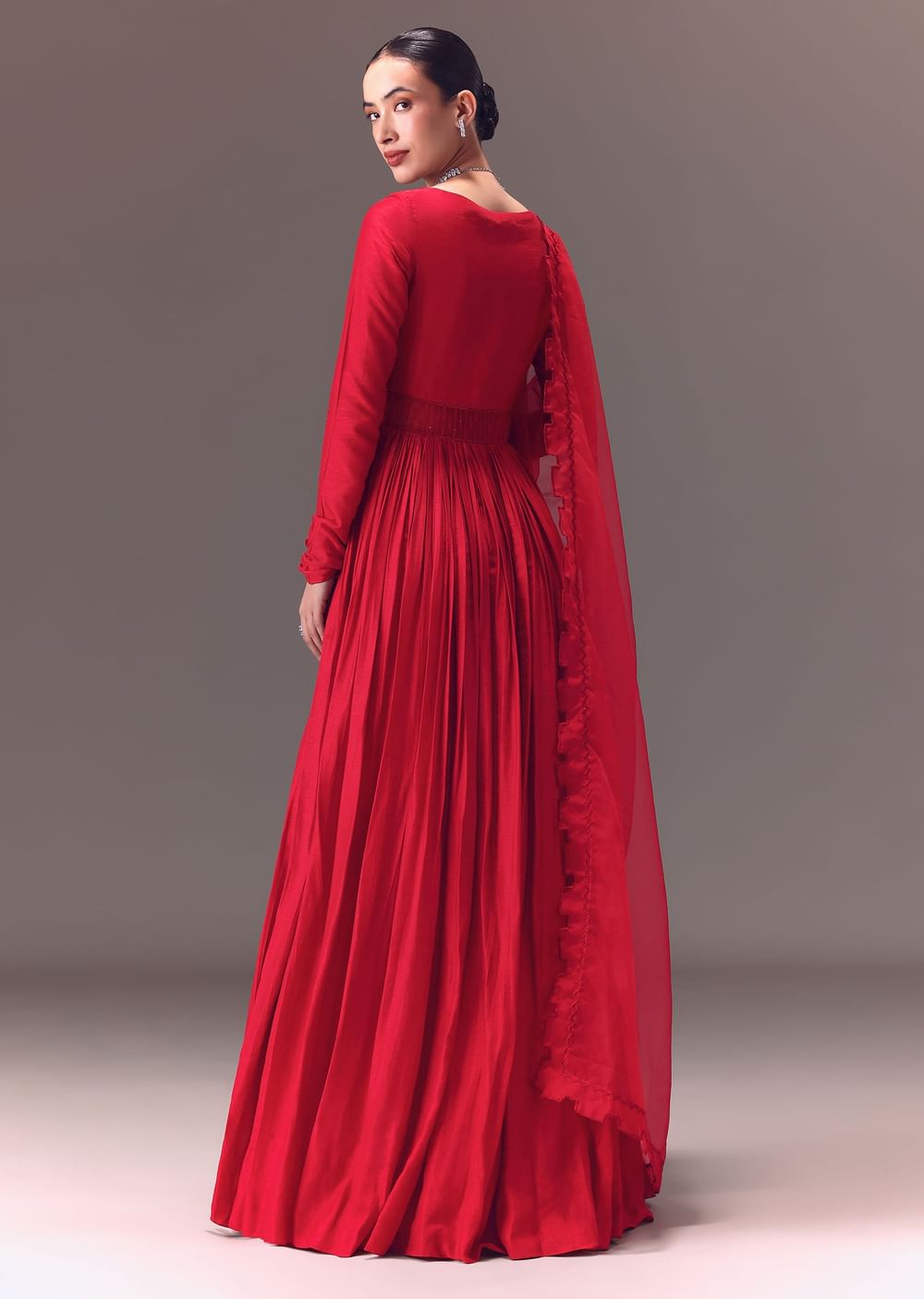 Crimson Red Ruched Embroidered Suit With Dupatta