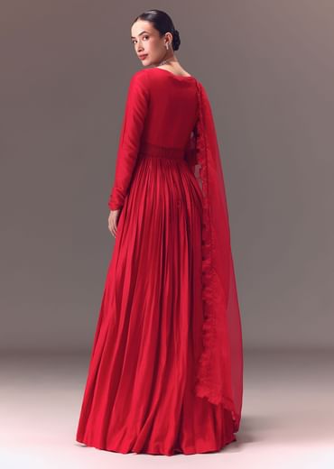 Crimson Red Ruched Embroidered Suit With Dupatta