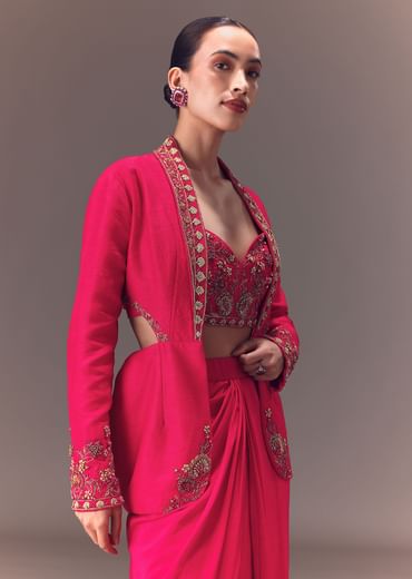 Hot Pink Hand Embellished Blouse With Jacket And Draped Skirt