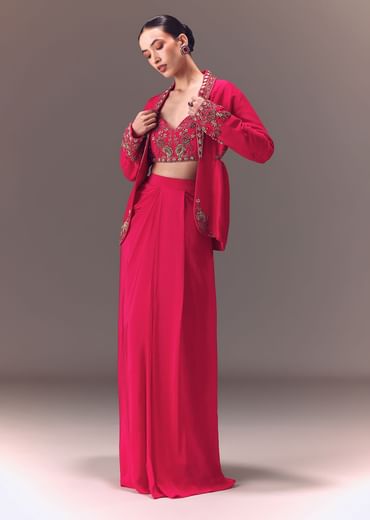 Hot Pink Hand Embellished Blouse With Jacket And Draped Skirt