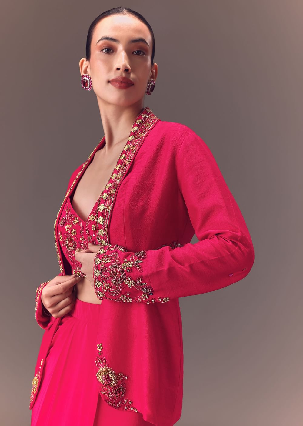 Hot Pink Hand Embellished Blouse With Jacket And Draped Skirt
