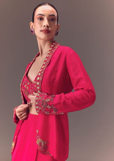 Hot Pink Hand Embellished Blouse With Jacket And Draped Skirt