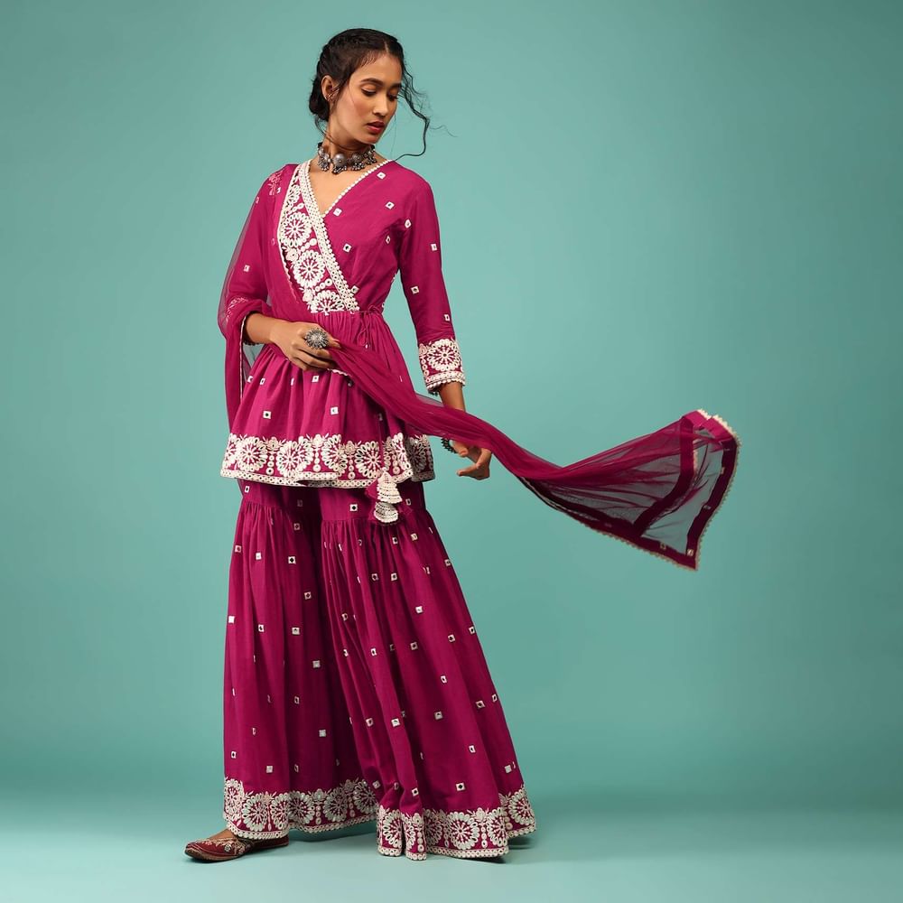 Magenta Pink Sharara Suit In Cotton With Lucknowi Floral Embroidery & Angarakha Peplum Top