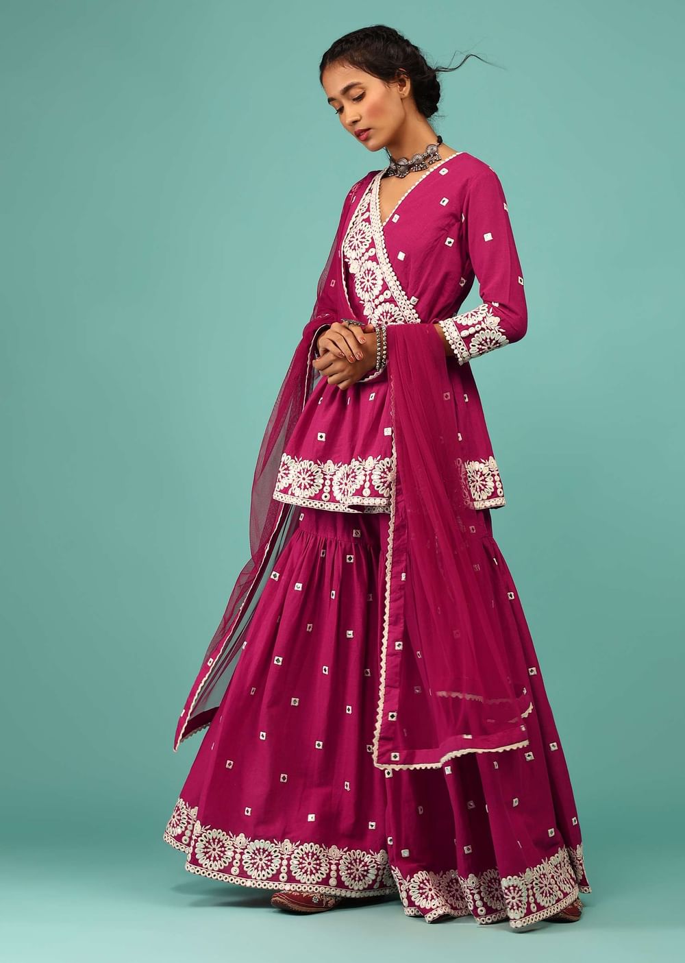 Magenta Pink Sharara Suit In Cotton With Lucknowi Floral Embroidery & Angarakha Peplum Top