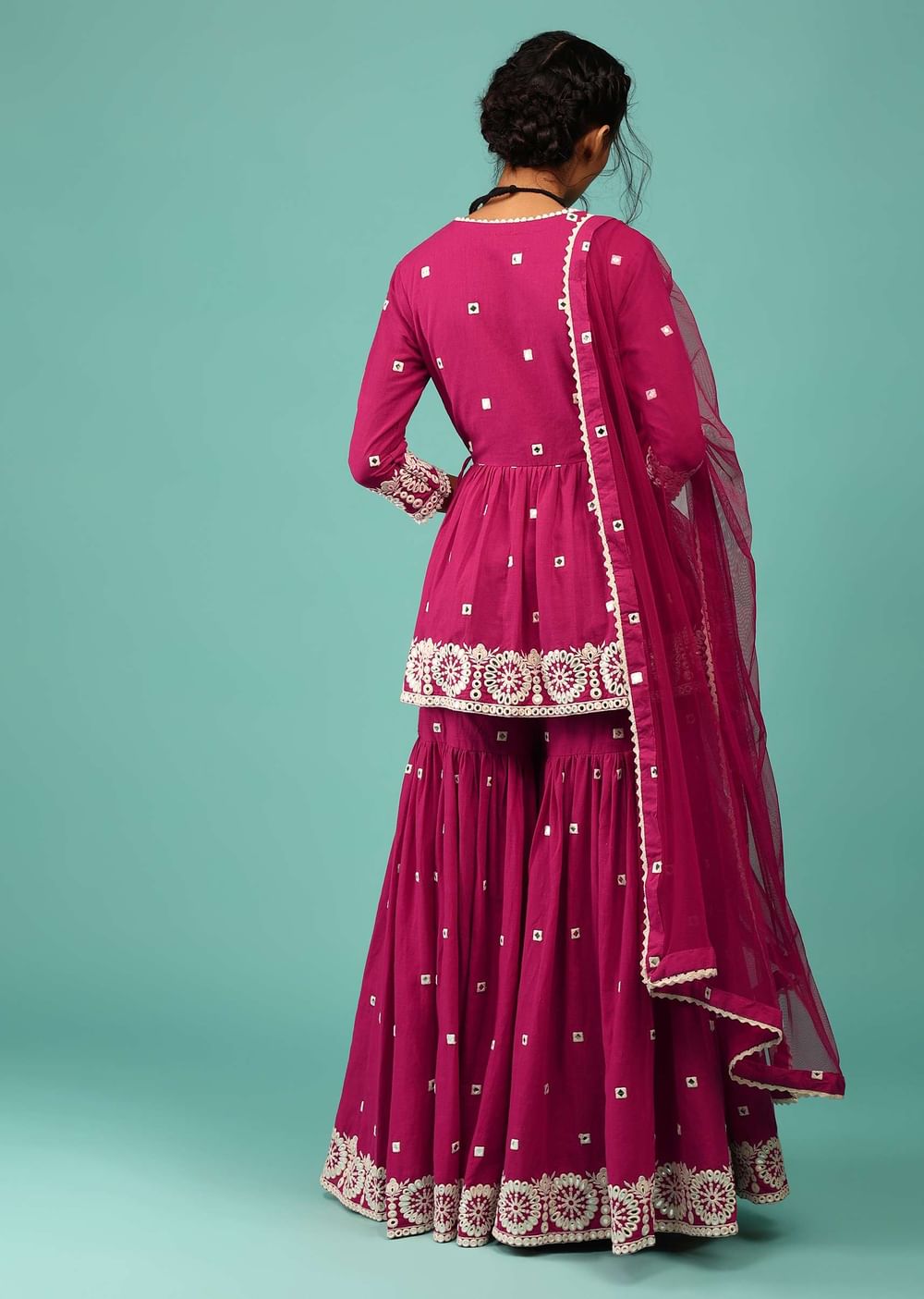 Magenta Pink Sharara Suit In Cotton With Lucknowi Floral Embroidery & Angarakha Peplum Top