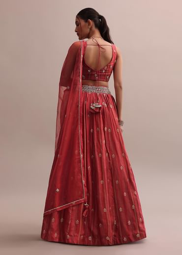 Crimson Red Zardosi Embroidered Choli Lehenga Set With A Net Dupatta