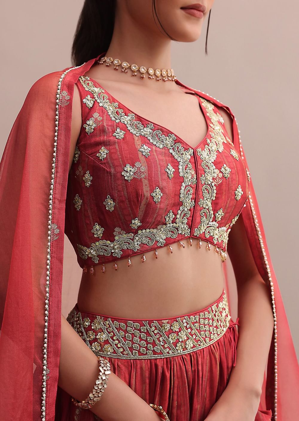 Crimson Red Zardosi Embroidered Choli Lehenga Set With A Net Dupatta