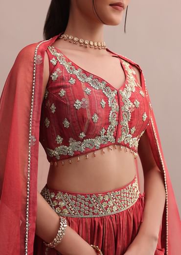 Crimson Red Zardosi Embroidered Choli Lehenga Set With A Net Dupatta