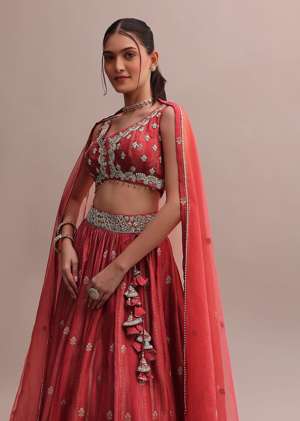 Crimson Red Zardosi Embroidered Choli Lehenga Set With A Net Dupatta