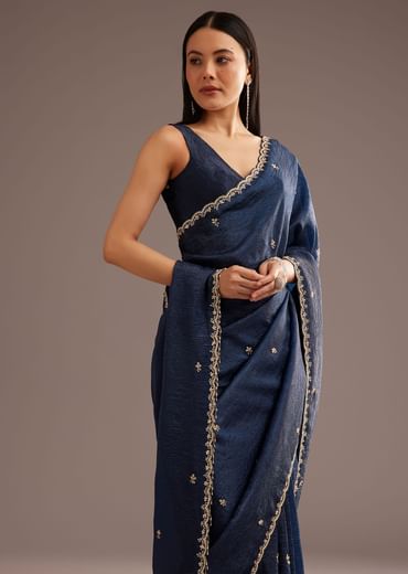 Blue Tissue Saree With Cutdana Scallop Border