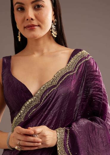 Wine Crushed Tissue Silk  Cutdana Scallop Bordered Saree