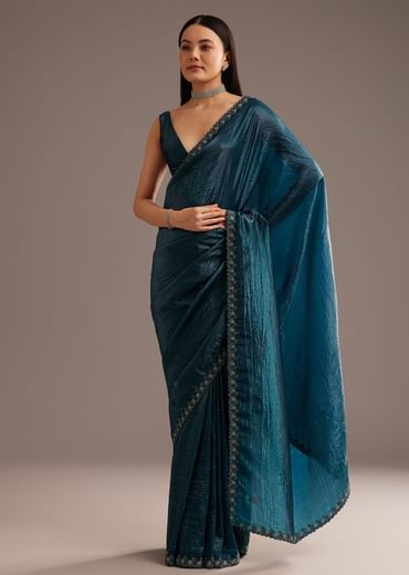 Blue Crushed Tissue Silk Saree With Cutdana Scallop Border