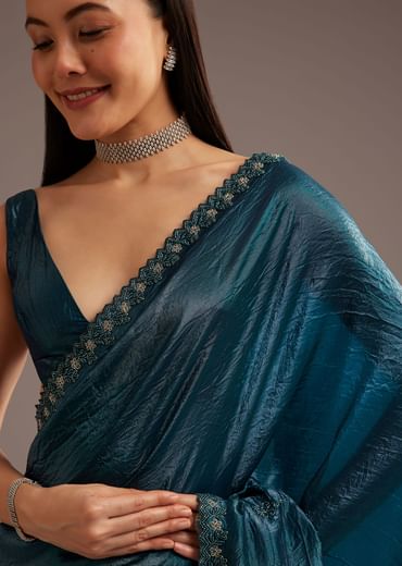 Blue Crushed Tissue Silk Saree With Cutdana Scallop Border