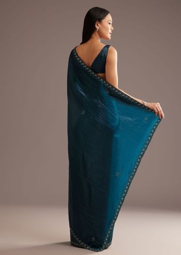 Blue Crushed Tissue Silk Saree With Cutdana Scallop Border