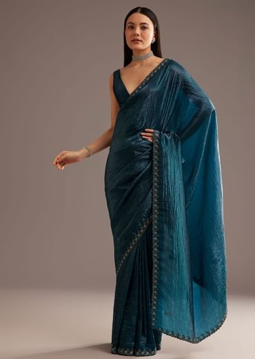Blue Crushed Tissue Silk Saree With Cutdana Scallop Border