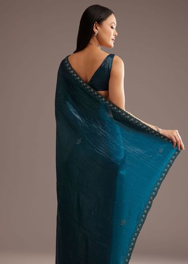 Blue Crushed Tissue Silk Saree With Cutdana Scallop Border
