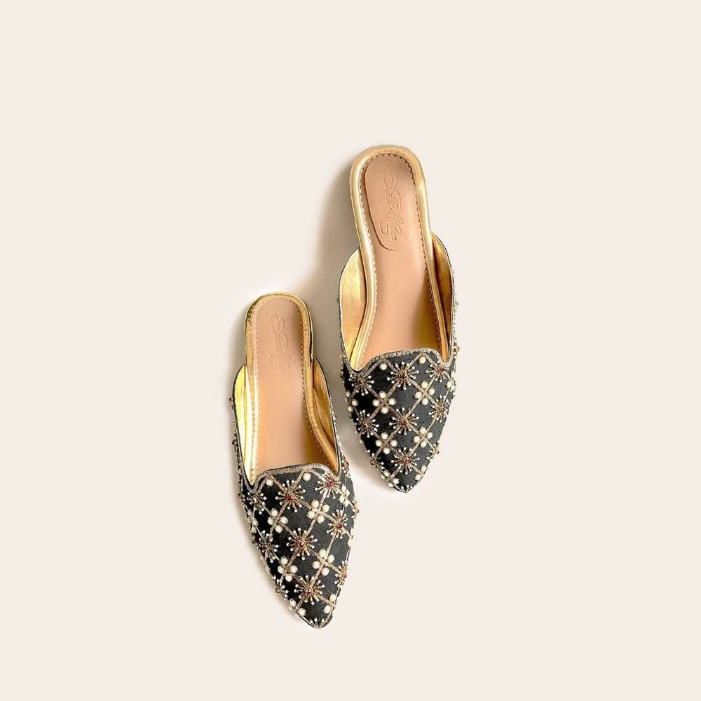 Black Mules With Maroon Swarovski And Zari Detailing By Sole House