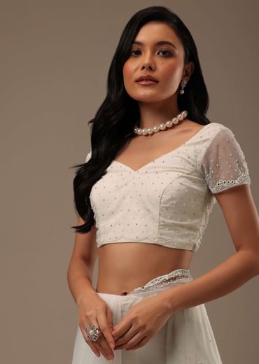 Daisy White Net Fabricated Saree With Mirror Work
