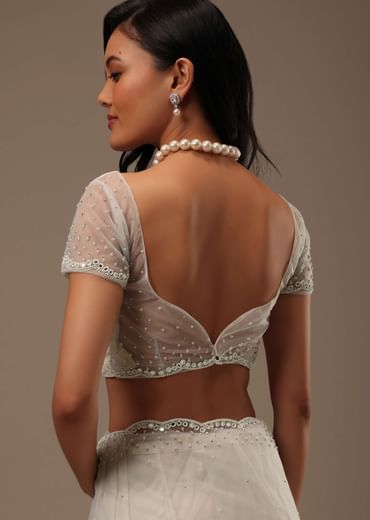 Daisy White Net Fabricated Saree With Mirror Work