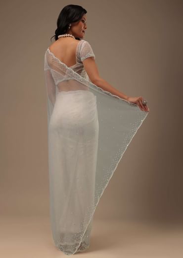 Daisy White Net Fabricated Saree With Mirror Work
