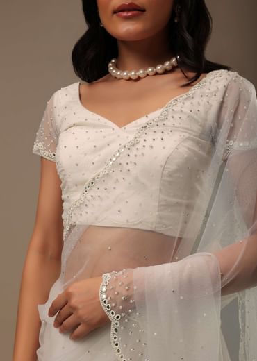 Daisy White Net Fabricated Saree With Mirror Work