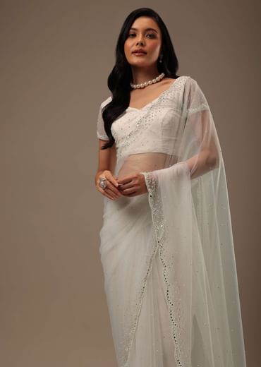 Daisy White Net Fabricated Saree With Mirror Work