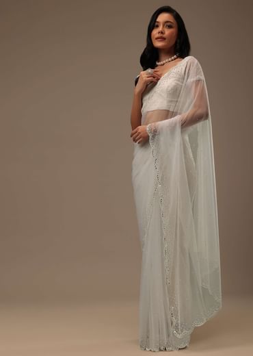 Daisy White Net Fabricated Saree With Mirror Work