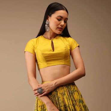 Dandelion Yellow Blouse In Raw Silk With Cap Sleeves And Keyhole Neckline