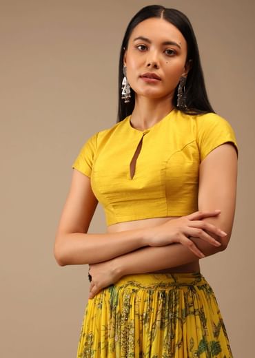 Dandelion Yellow Blouse In Raw Silk With Cap Sleeves And Keyhole Neckline