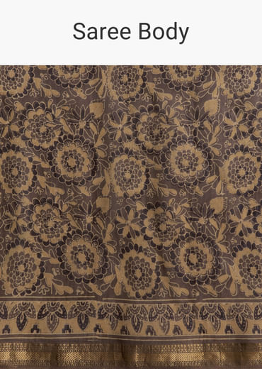 Dark Beige Linen Printed Saree With Authentic Floral Ajrakh Print