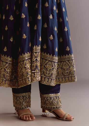 Dark Blue Chinon Zari Embroidered Anarkali Suit With Dupatta