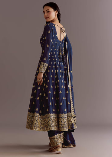 Dark Blue Chinon Zari Embroidered Anarkali Suit With Dupatta
