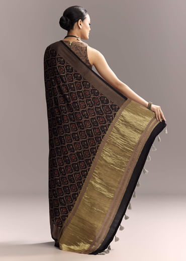 Dark Blue Linen Saree With Authentic Ajrakh Print And Golden Pallu