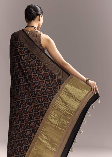Dark Blue Linen Saree With Authentic Ajrakh Print And Golden Pallu