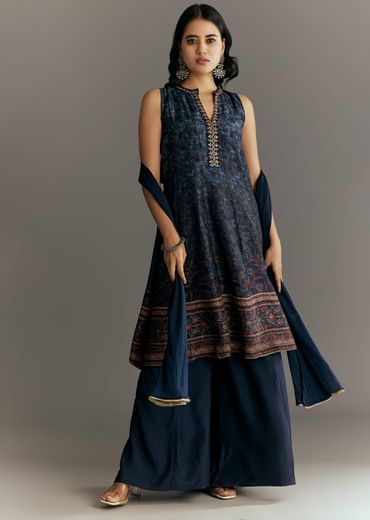 Dark Blue Silk Printed Kurta Palazzo With Gotta Lace Dupatta