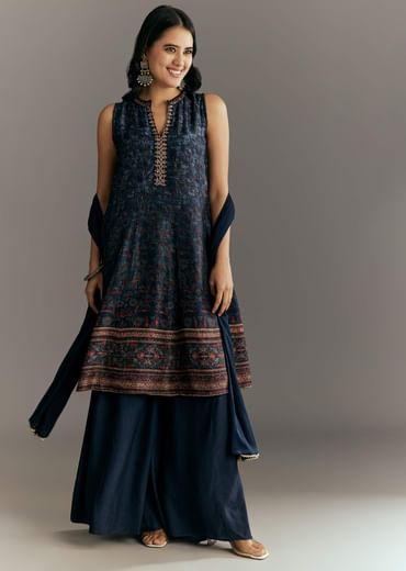 Dark Blue Silk Printed Kurta Palazzo With Gotta Lace Dupatta