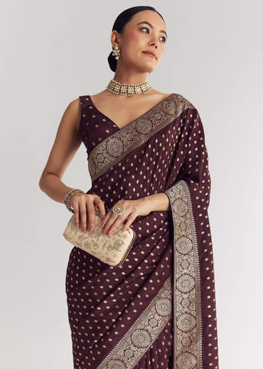 Dark Brown Dola Silk Saree With Floral And Butti Work