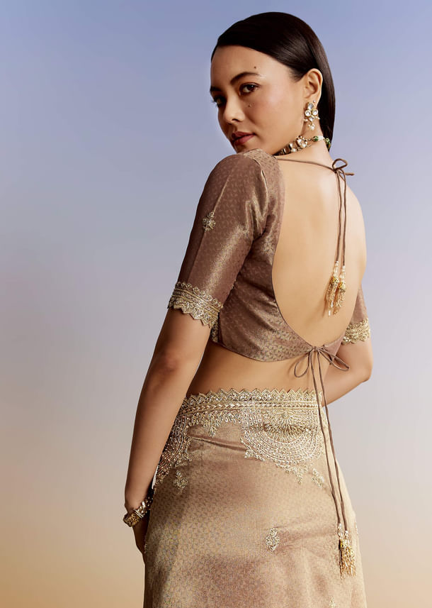 Dark Brown Jacquard Tissue Saree With Zigzag Zardosi Border