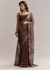 Dark Brown Linen Printed Saree With Authentic Ajrakh Print