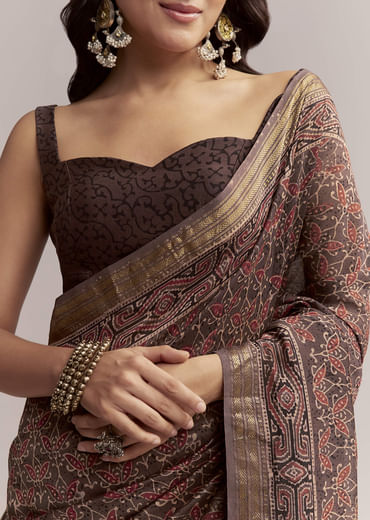 Dark Brown Linen Printed Saree With Authentic Ajrakh Print